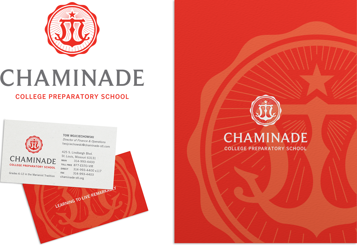 Chaminade logo, business cards, and view book