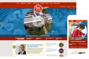 New City School Website shown on desktop browser and iPhone