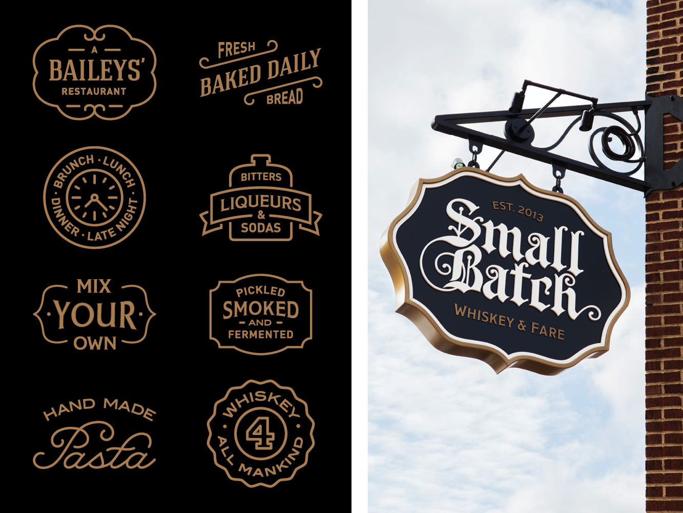 Two images showing Small Batch brand marks and exterior signage