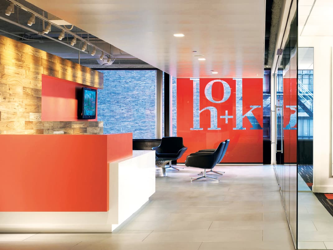 Photo of HOK offices with logo display