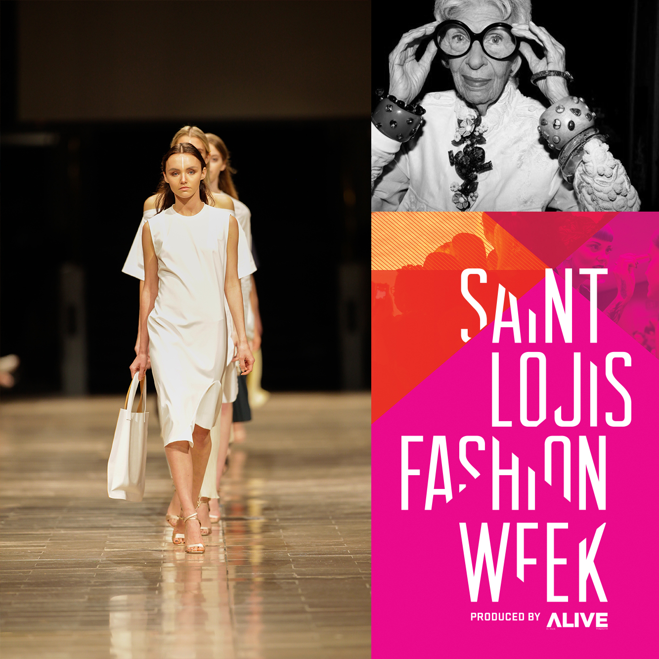 Collage of Saint Louis Fashion Week photos and branding, including model and Iris Apfel