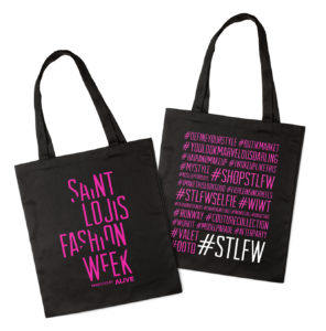Saint Louis Fashion Week tote bag with fashion-related hashtags