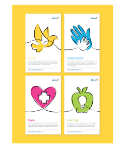 Mercy Children's cards with Spirt, Connection, Care, and Learning text