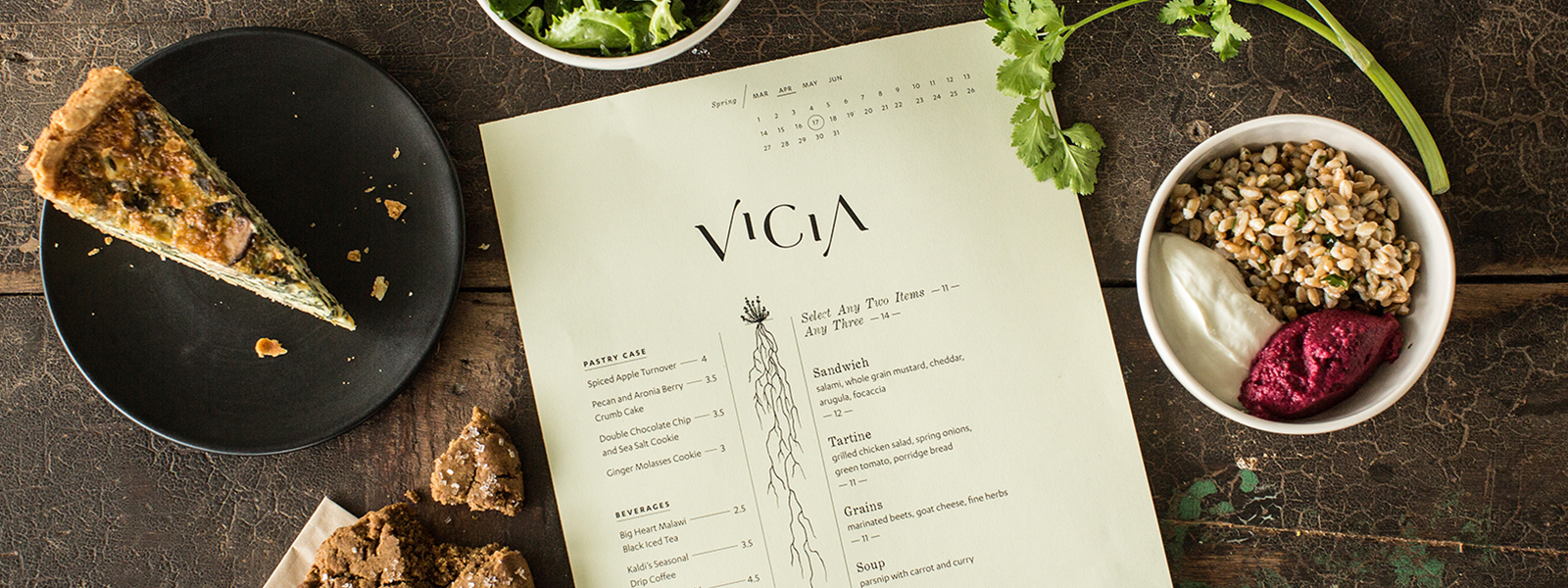 Aerial shot of Vicia menu and food