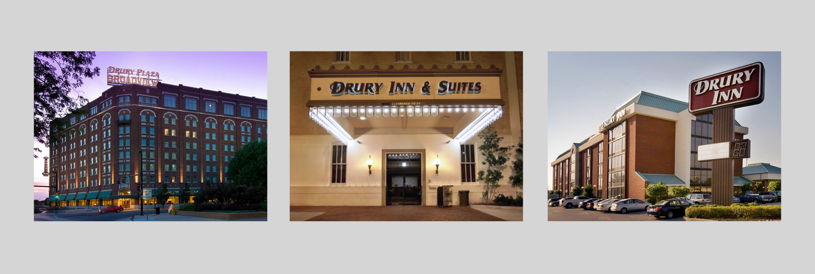 Drury Hotels three photos of hotel facades
