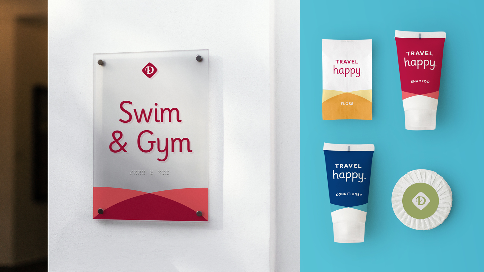 Drury Hotels branded "swim & gym" signage and travel soaps