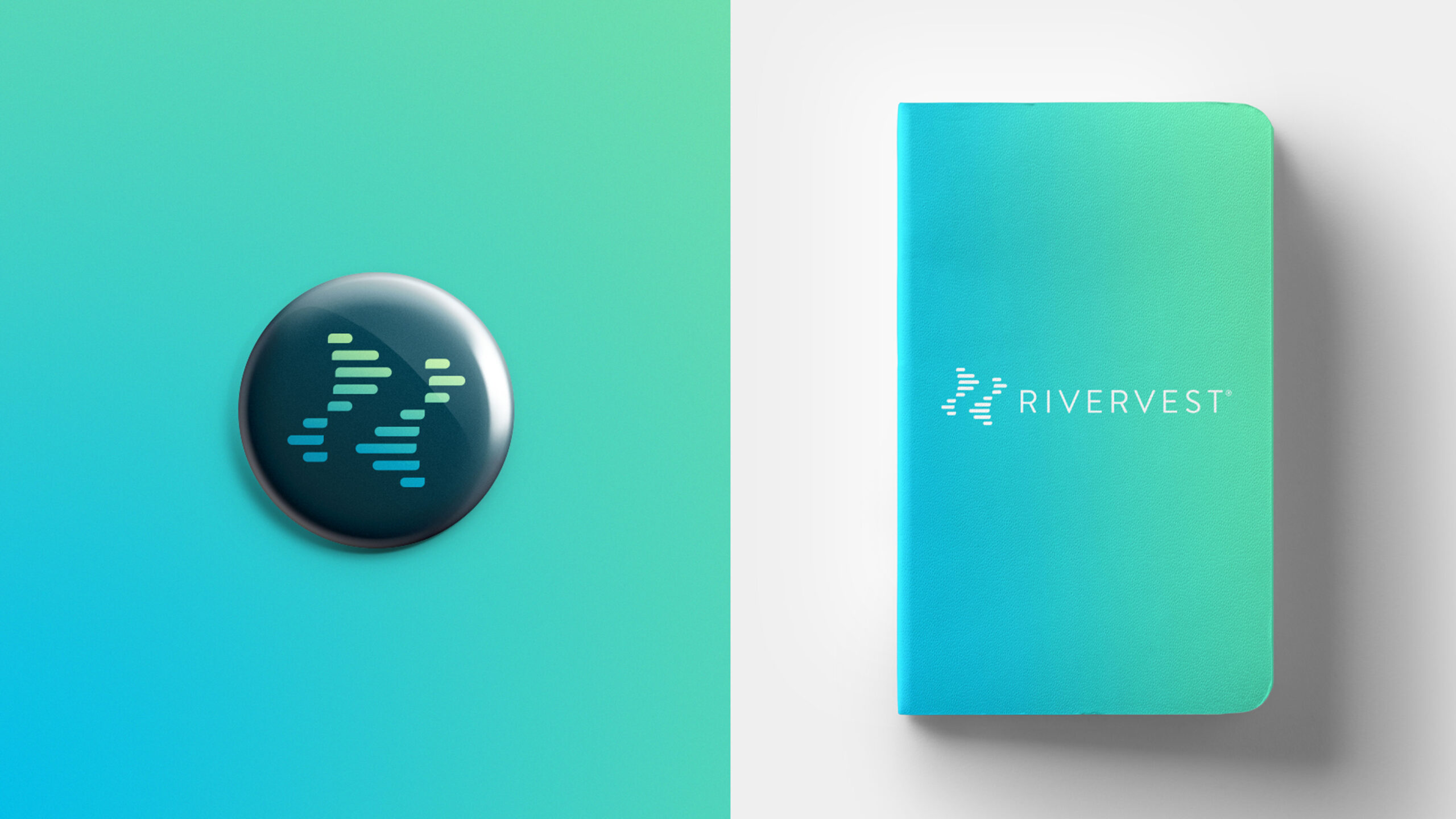 RiverVest branded pin and notebook
