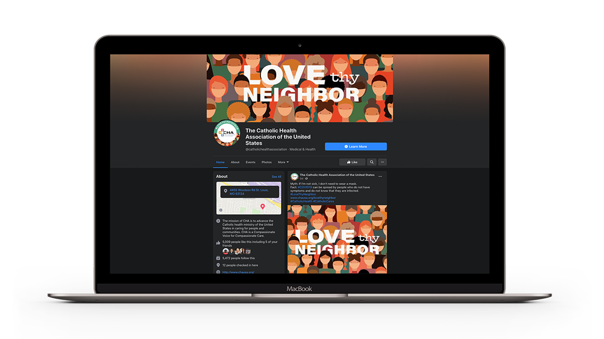 Mockup of CHA Facebook page on MacBook