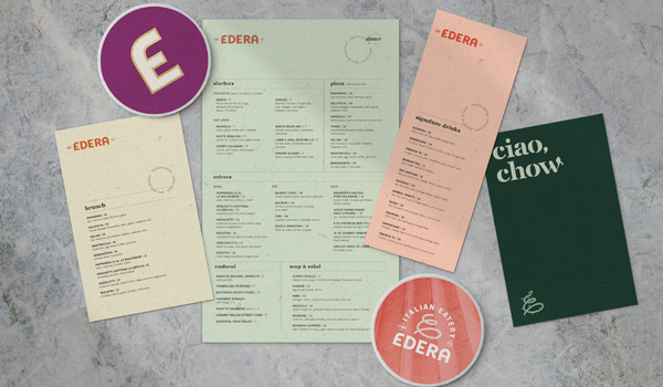 Edera menu and coasters on marble